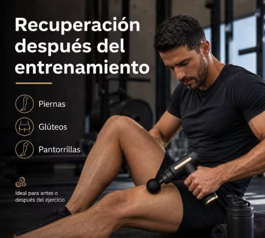 Deportista usando la pistola de masajes MASSIVO en la pierna después de entrenar